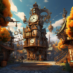 Poster - Clock tower in a whimsical steampunk town.