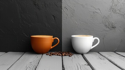 Wall Mural -  two cups of coffee sit next to each other on a wooden table with coffee beans scattered on the floor and a gray wall behind the two of the two cups.