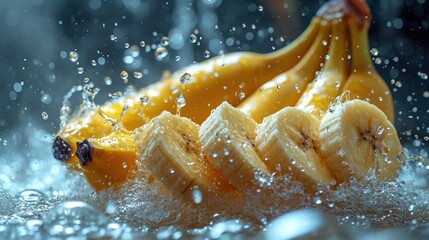 Poster -  a bunch of ripe bananas sitting on top of a table covered in drops of water next to a banana cut in half and sitting on top of a banana peel.