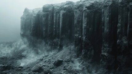 Sticker -  a black and white photo of a cliff in the middle of a body of water with steam coming out of it and fog coming from the top of the cliff.