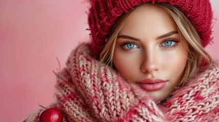 Wall Mural -  a close up of a woman wearing a red hat and scarf with a cherry on the side of her head and a cherry on the other side of her face.