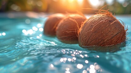 Sticker -  a couple of coconuts sitting on top of a blue water filled swimming pool with sunlight shining through the trees in the backround of the water and reflecting off of the water.