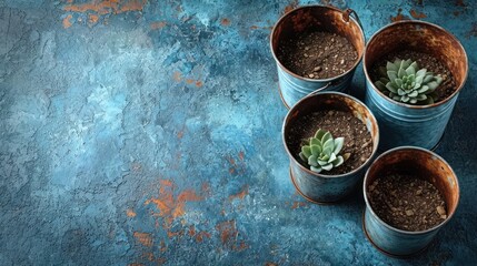 Poster -  a group of four buckets filled with dirt and succulents on top of a blue concrete floor next to a planter with a succulent in it.