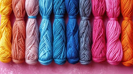  a row of multicolored skeins of yarn lined up on a pink surface with one skein in the middle of the skeins and the skeins of the skeins of the skeins of the skeins.