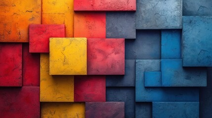 Wall Mural -  a multicolored abstract painting of squares and rectangles of varying sizes and colors, with a red, yellow, blue, and red rectangle in the center.