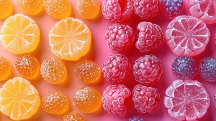 Poster -  oranges, raspberries, and grapefruits are arranged in a pattern on a pink and pink surface, with bubbles on top of the fruit.