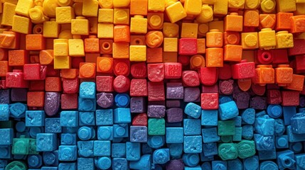 Canvas Print -  a close up of a multicolored wall made out of gummy bears and cubes of different shapes and sizes, with a red, orange, yellow, blue, green, orange, yellow, and blue, and pink, and green.