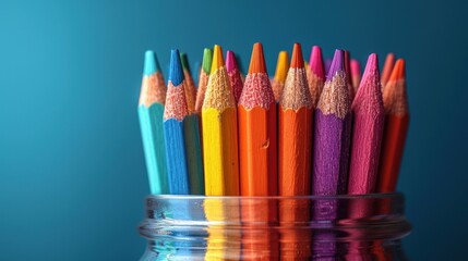 Poster -  a group of colored pencils sitting in a glass jar with a reflection on the surface of the glass and a blue wall behind them, with a blue background.