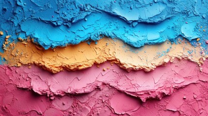 Poster -  a close up of a multicolored wall with paint peeling off of it's sides and a blue, yellow, red, pink, yellow, and blue paint - green paint - chipped background.