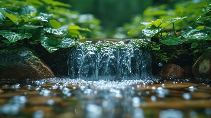 Sticker -  a close up of a small waterfall in the middle of a pond surrounded by rocks and plants with water running down the side of the waterfall and on top of the rocks.