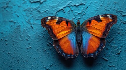 Wall Mural -  a close up of a butterfly on a blue wall with drops of water on the wings and back of the wings and the wings of the wings are orange and blue.