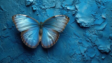 Poster -  a blue butterfly sitting on top of a blue and white wall with peeling paint on it's walls and a blue wall behind it is a blue paint chipped wall.