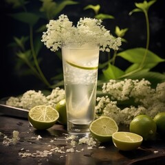 Wall Mural -  a close up of a glass of water with limes and flowers in the background and a cutting board with limes and limes on the side of the glass.