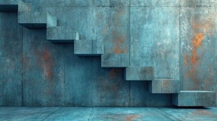 Sticker -  a set of stairs made of concrete against a concrete wall with rust stains on the wall and concrete flooring in a room with a concrete wall and a concrete floor.