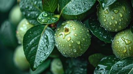 Canvas Print -  a close up of a bunch of green fruit on a tree with water droplets on the leaves and drops of dew on the fruit, with green leaves in the foreground.