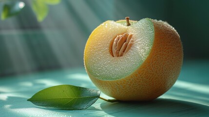 Wall Mural -  a close up of an orange with a piece of fruit on the side of it with a leaf on the other side of the picture and a green leaf on the other side of the picture.