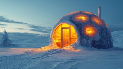 Canvas Print -  an igloose in the middle of a snowy field with a bright light coming out of it's windows in the middle of the front of the snow.