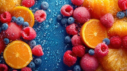 Poster -  a close up of a bunch of fruit with drops of water on the top and bottom of the fruit and berries on the bottom of the image are oranges, raspberries, raspberries, blue, raspberries, and.