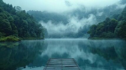 Poster -  a body of water with a dock in the middle of it and a mountain range in the background with clouds in the sky and trees in the foreground, and fog in the foreground.