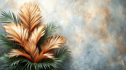 Poster -  a painting of a potted plant with orange flowers and green leaves in front of a gray wall with a blue and white wall in the middle of the background.