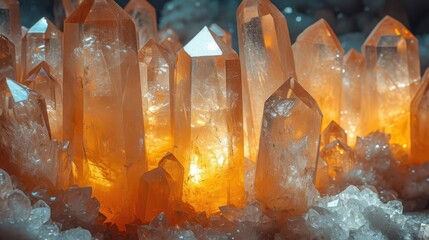 Sticker -  a group of orange crystals sitting next to each other on top of a pile of ice flakes on top of a bed of snow covered ground next to a forest.