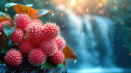 Poster -  a close up of a bunch of flowers in front of a waterfall with water droplets on the leaves and the sun shining down on the falls in the back ground.