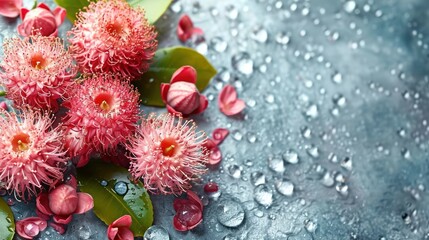 Poster -  a bunch of pink flowers sitting on top of a table covered in raindrops on a gray surface with leaves and drops of water on top of the surface.