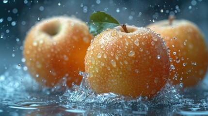 Sticker -  three oranges sitting on top of a table with water splashing off of them and a green leaf sticking out of the top of the top of the orange.