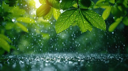 Canvas Print -  a close up of a green leaf in the rain with water droplets on the ground and green leaves in the foreground, with sunlight shining through the leaves in the background.