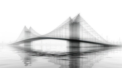 Poster -  a black and white photo of a bridge in the middle of a body of water with buildings in the background and a foggy sky in the middle of the foreground.