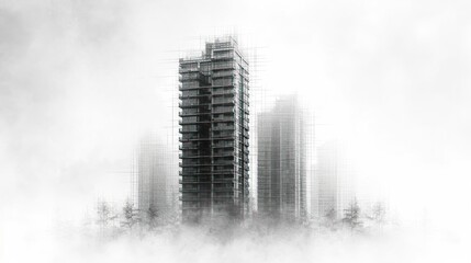 Wall Mural -  a black and white photo of a tall building with scaffolding on it's sides in the middle of a foggy area with trees in the foreground.