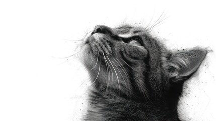 Wall Mural -  a black and white photo of a cat's head looking up to the sky with it's eyes wide open and it's head to the side.