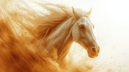 Wall Mural -  a white horse is galloping through the air with it's hair blowing in the wind as it's head is in the foreground of the picture.