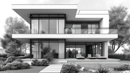 Poster -  a black and white photo of a house with a pool in the foreground and trees on the other side of the house, and bushes and bushes in the foreground.