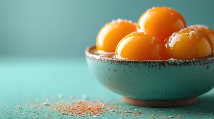 Poster -  a blue bowl filled with oranges sitting on top of a blue table next to a pile of brown sprinkles on top of a blue table cloth.