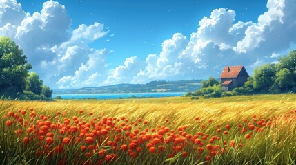 Poster -  a painting of a house in the middle of a field of grass with red flowers in the foreground and a lake in the distance with clouds in the background.