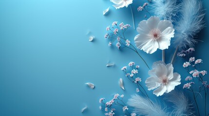 Canvas Print -  a blue background with white flowers and feathers on the bottom of the image is a blue background with white flowers and feathers on the top of the bottom of the image is a blue.