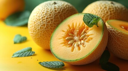 Sticker -  a cut in half melon sitting on top of a table next to leaves and a slice of melon with a green leaf on top of the whole melon.