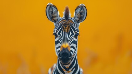 Poster -  a close up of a zebra's face with a yellow background in the foreground and a blurry background in the foreground of the zebra's head.