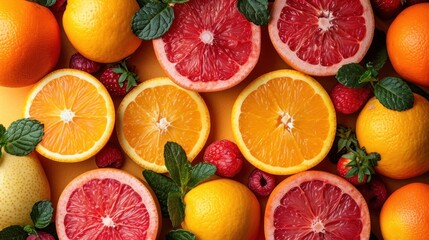 Sticker -  a group of oranges, raspberries, lemons, and raspberries are arranged in a pattern on a table top of oranges and raspberries.