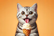 American Shorthair cat with tongue hanging out, big bulging eyes eat ice cream cone on color background. ai generative