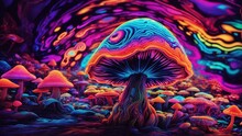 3d Illustration Of Psychedelic Mushroom In Surreal Space With Colorful Abstract Background