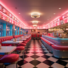 Wall Mural - Retro diner with checkerboard floors and neon signs