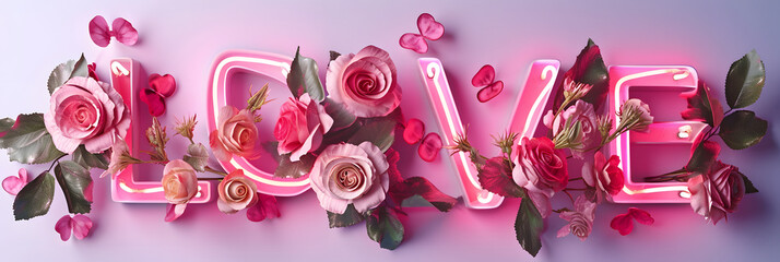 Word Love decorated with delicate roses on pink neon background. Valentine's Day concept