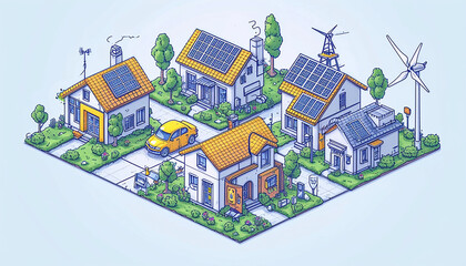 Home alternative electricity. Illustration of a modern neighborhood. Solar panels on the roof country house and wind turbines on nature background. Illustration concept