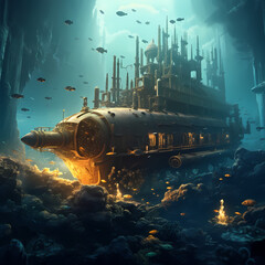 Sticker - Submarine exploring an underwater city.