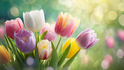 Easter colorful tulips flower on meadow,  beautiful morning light .