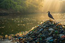 Bird Perched On A Pile Of Plastic Waste Is Watching Over A Polluted River
