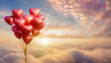 Red Balloons Shape Heart In The Sky In Clouds In The  Sunset Bright Light.
