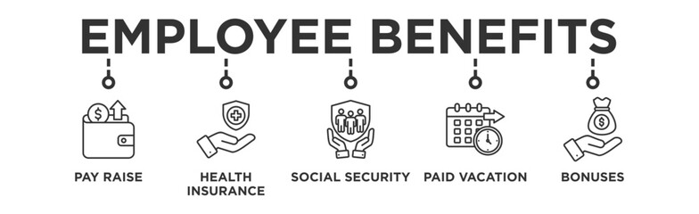 Wall Mural - Employee benefits banner web icon vector illustration concept with icon of pay raise, health insurance, social security, paid vacation and bonuses